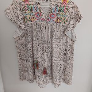 Embroidered V-Neck Flutter Sleeve Women’s Top — Cream with Multicolor Accents